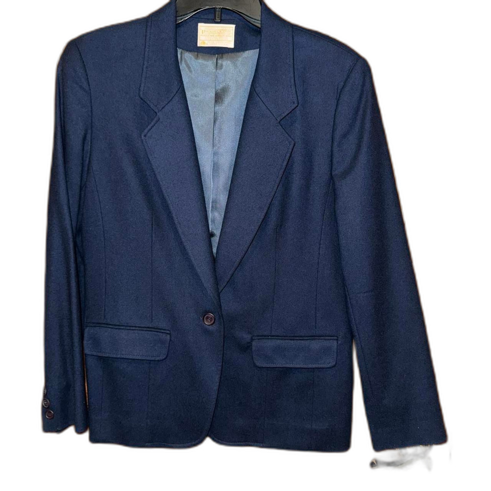 Vintage Pendleton Women Sz 12 Navy Jacket 100% virgin wool single button blazer